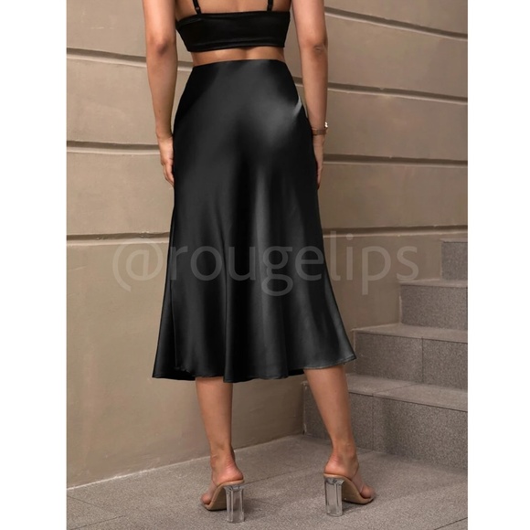 Black Satin A-Line Skirt High Waisted Midi - Picture 4 of 7